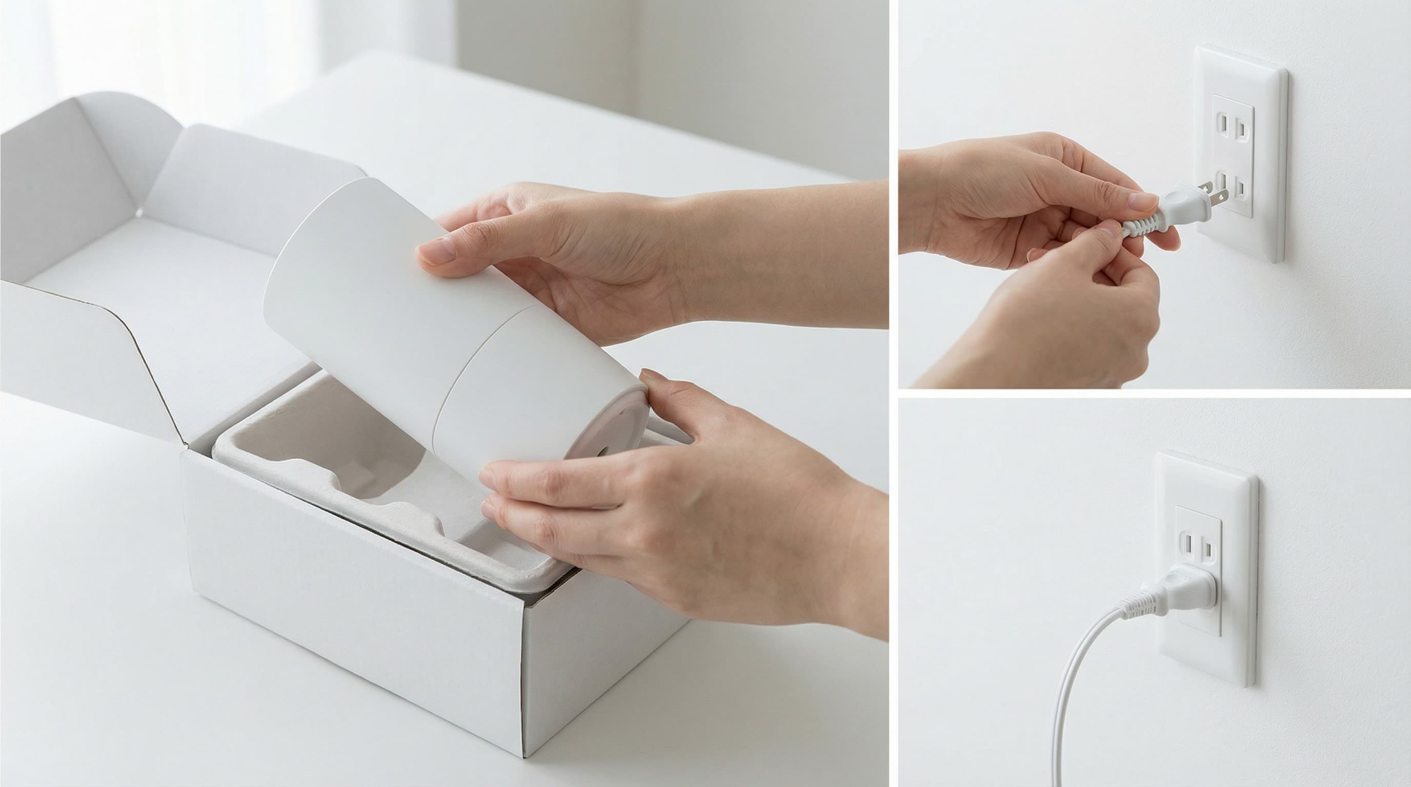 箱から出してコンセントに挿すだけの簡単な様子